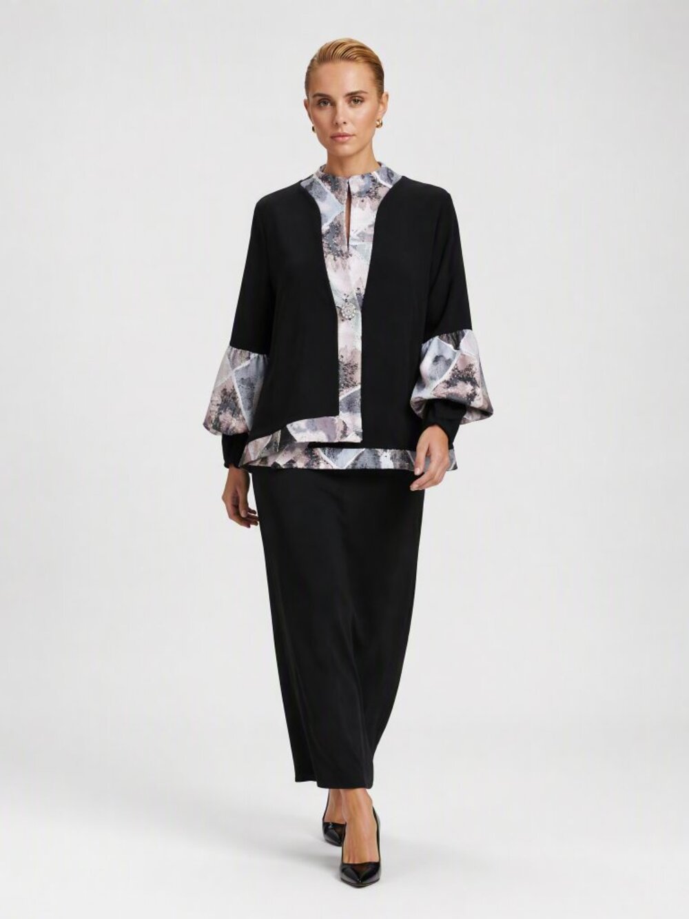 Joseph Ribkoff Black Silver and Pale Pink Balloon Sleeve Formal Jacket 10